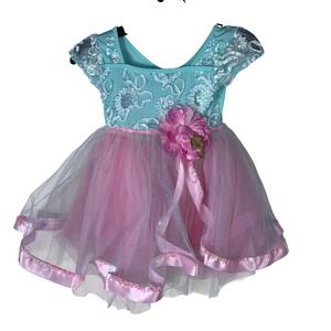 Girls Aqua Pink Sequin Tutu Dance Leotard Dress Flower Detail Size CSM E938